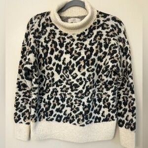 LOFT Leopard Print Mock Neck Sweater Womens Size S Cream Black Animal Print Soft